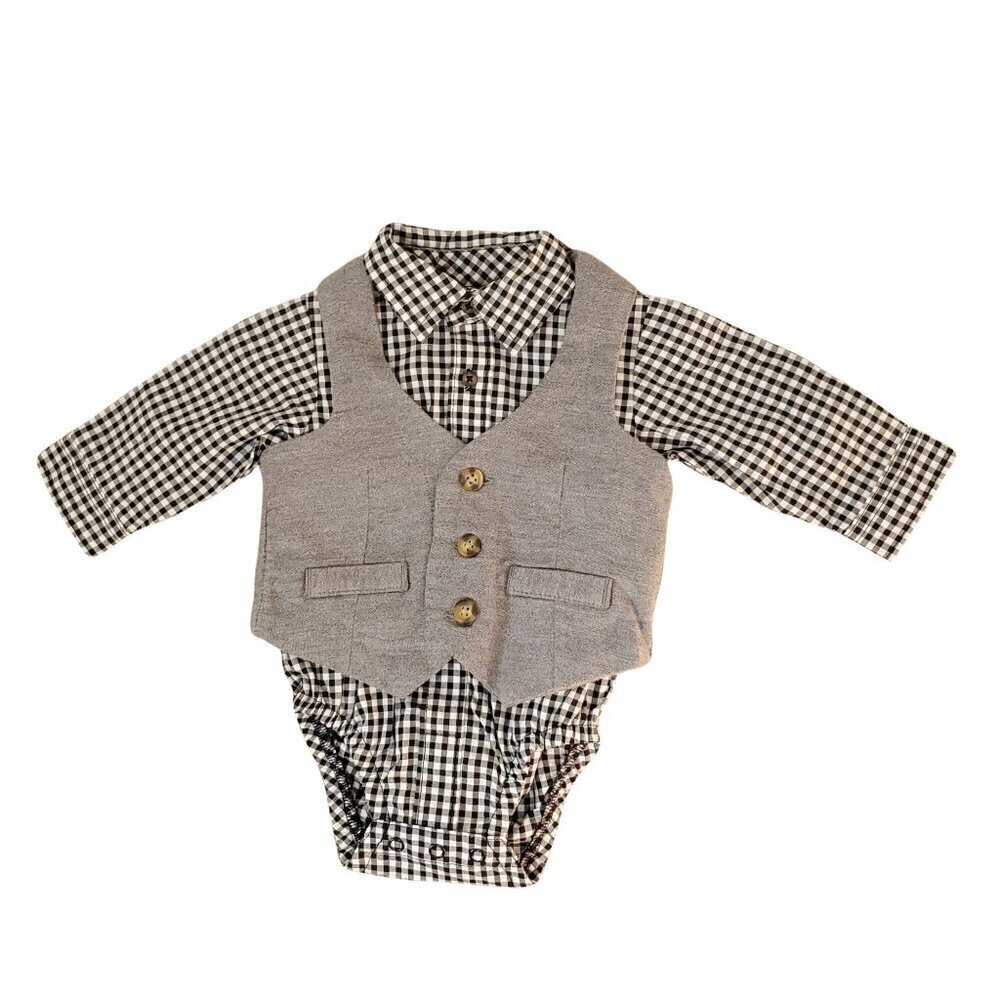 Just One You Gingham Baby Boy Dress Shirt + Gray Vest 3Mo 100% Cotton Knit NEW